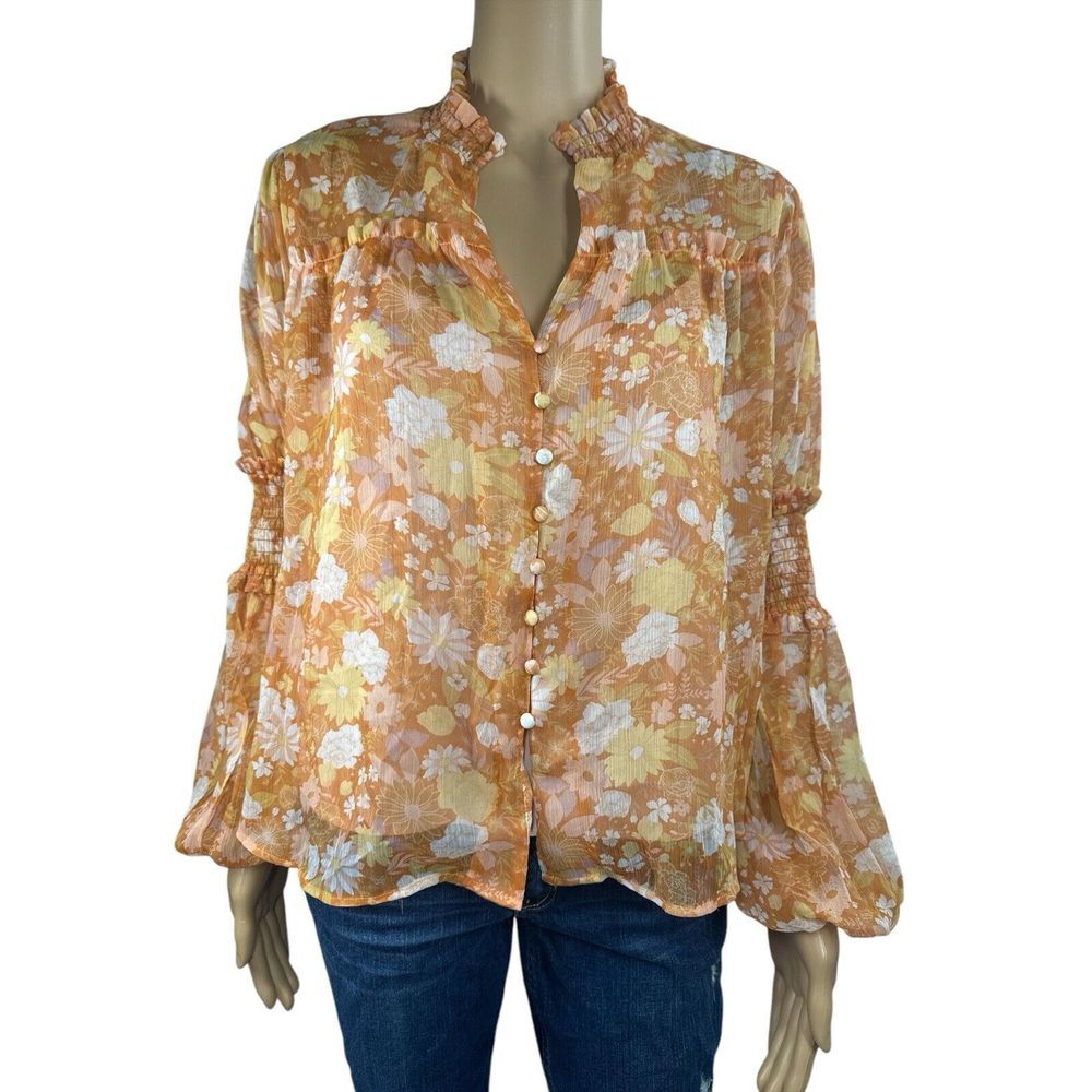 Anthropologie OPT Floral Peasant Blouse Tie Front Size S Orange Yellow